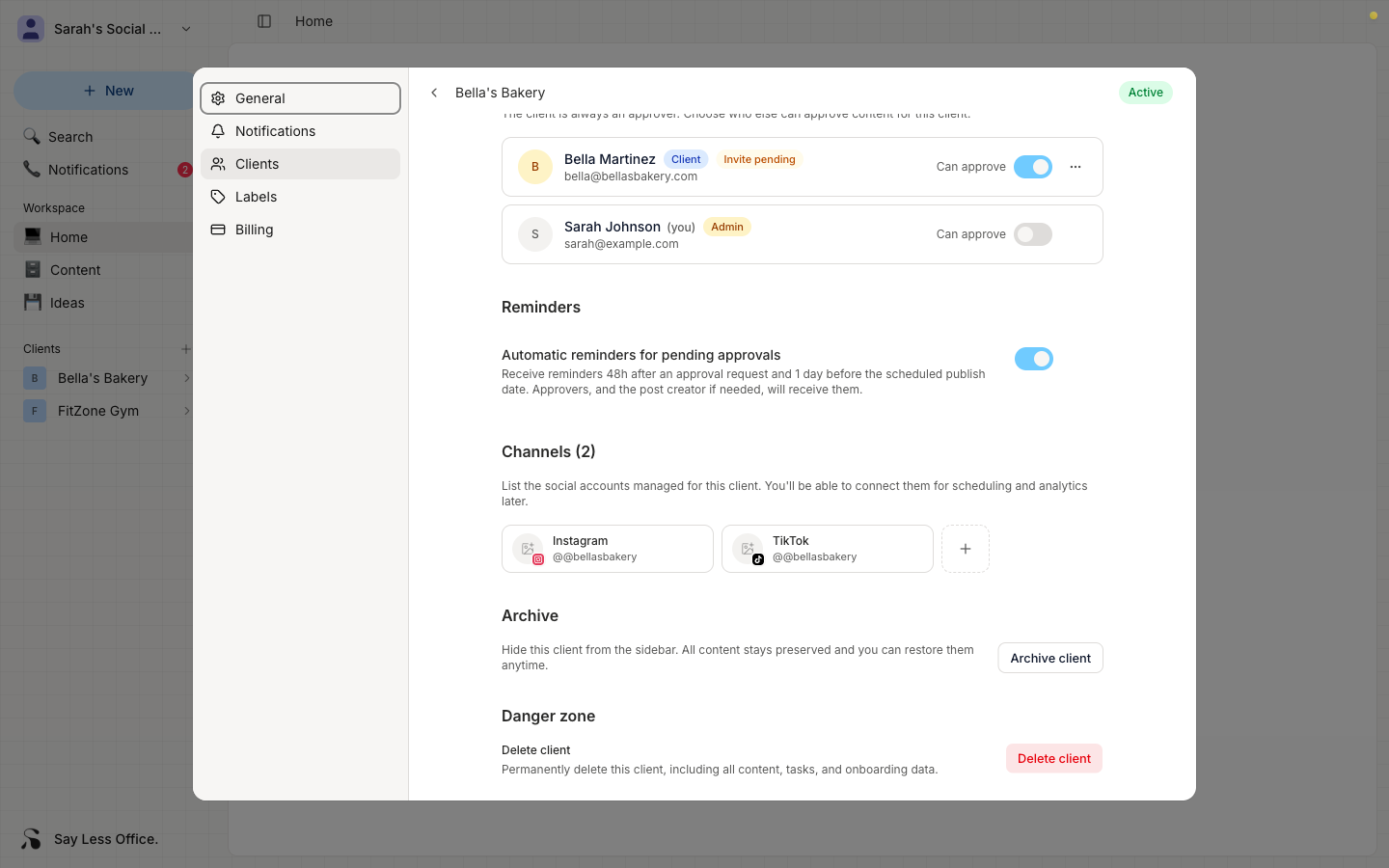 The Members section in a client's settings, showing the client row locked as an approver and the workspace-side row with the 'Can approve' switch that can be toggled on or off