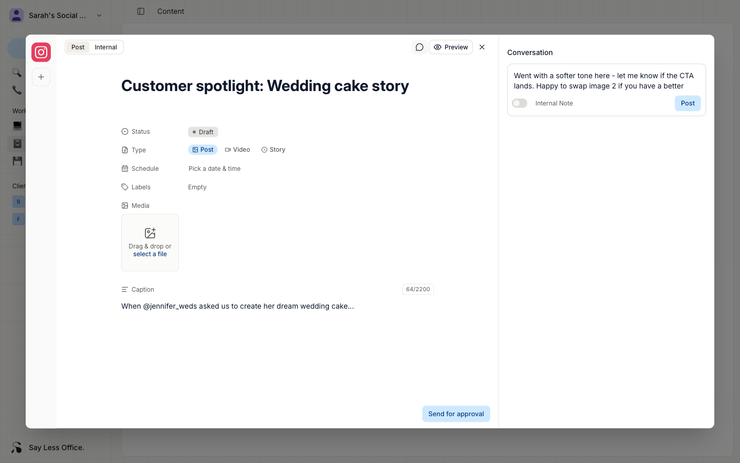 The Conversation side panel open next to the post composer, with a comment being typed in the composer input