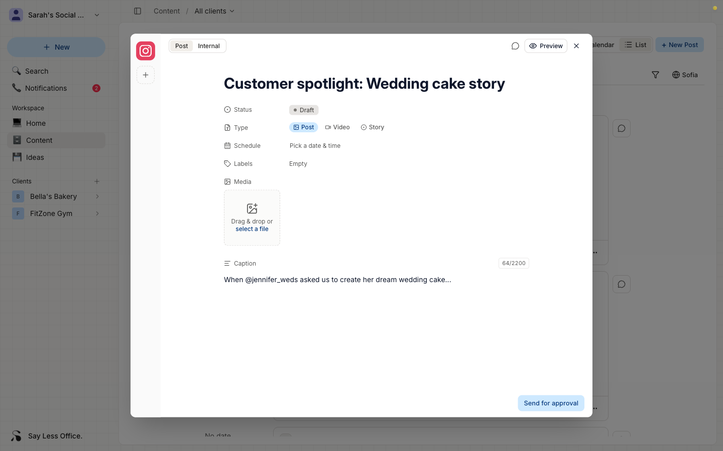 A post open in the composer with the Send for approval button visible in the footer bar