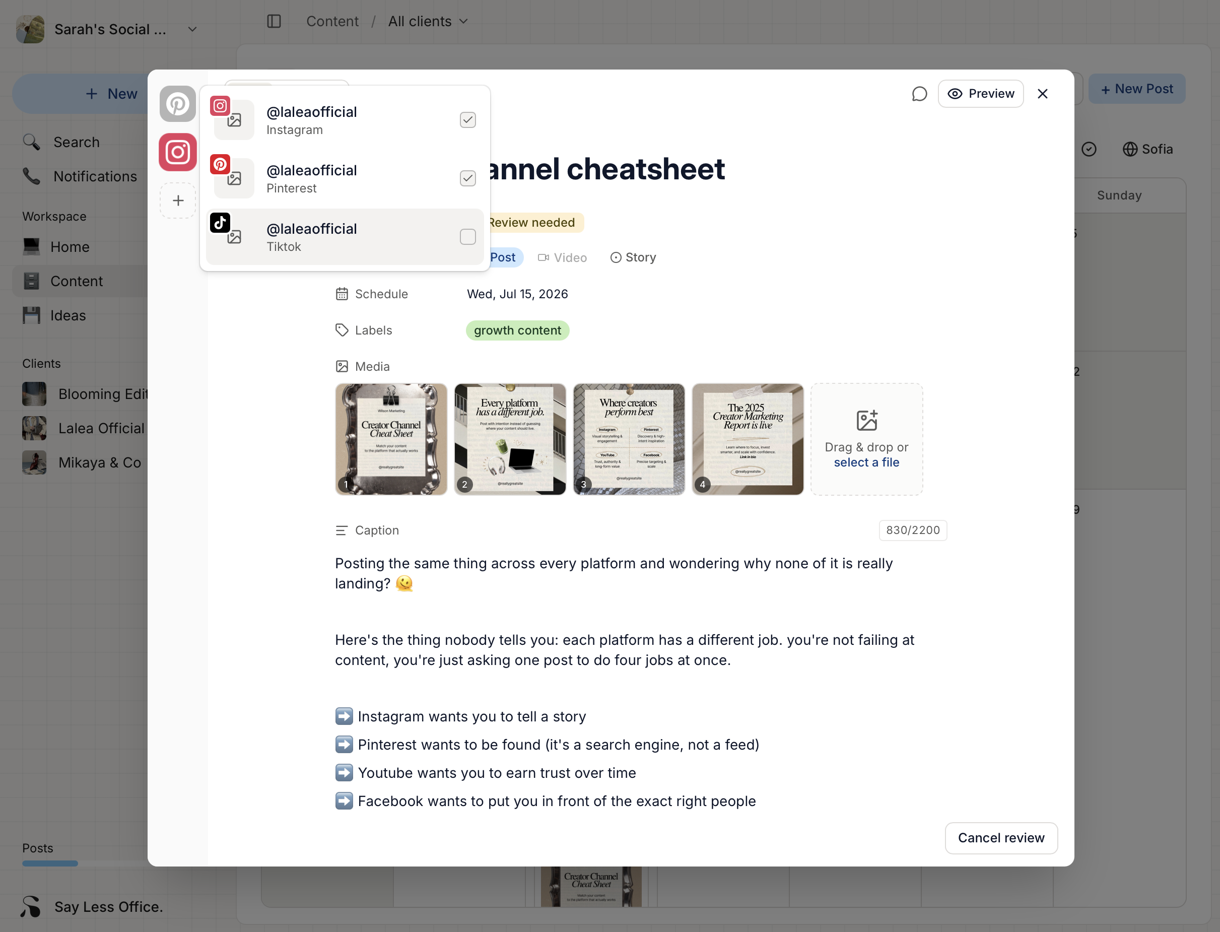 The account rail on the left of the composer with a plus button expanding to the Add account picker, filtered to the current client's channels