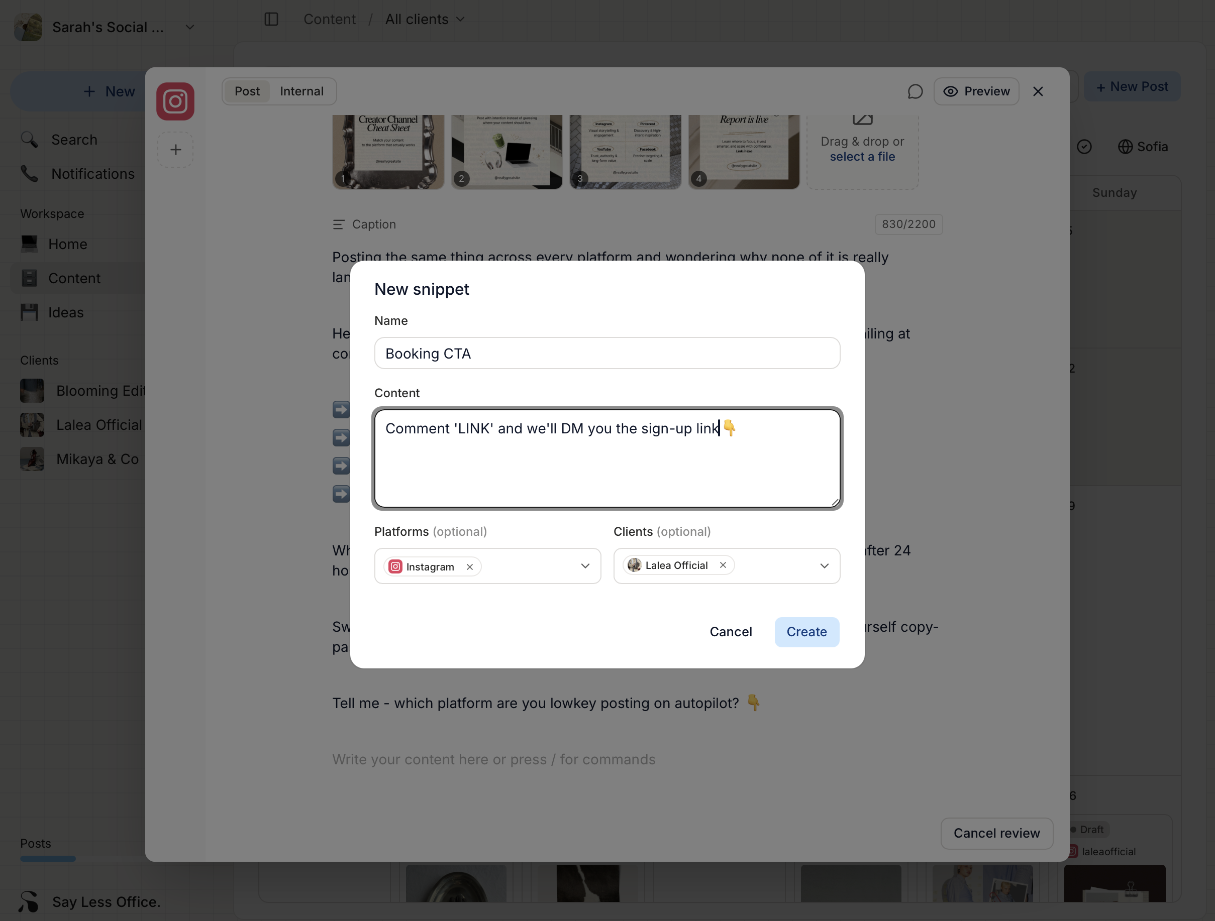 The slash-command Snippet menu open inside the Caption field with the New snippet button highlighted