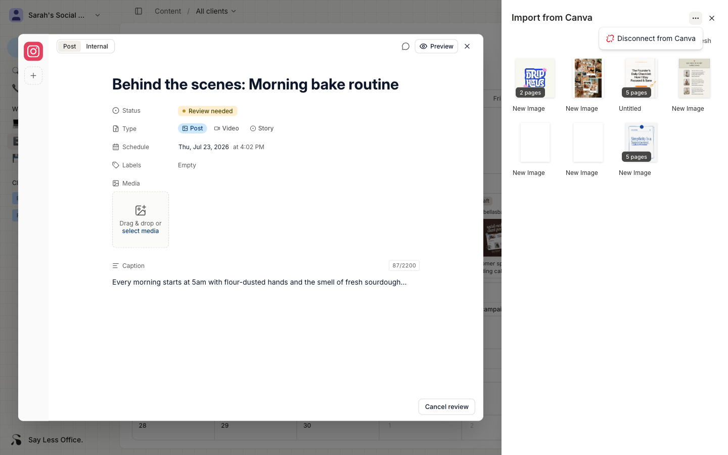 The Canva picker's overflow menu open, showing the Disconnect from Canva option