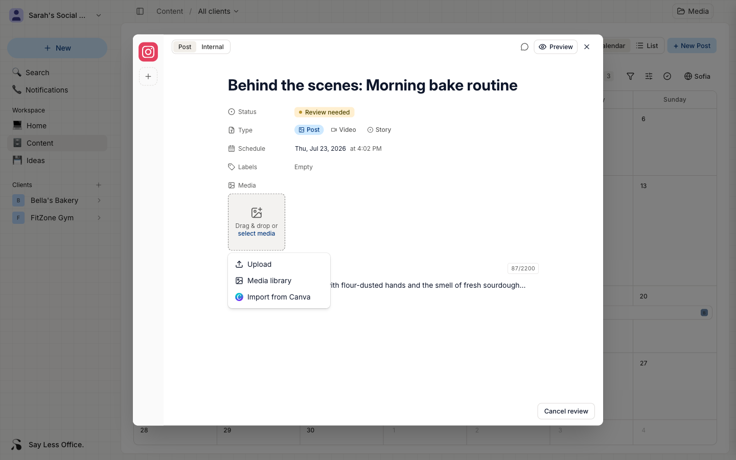 The media field's upload dropdown open, showing Upload, Media library, and Import from Canva