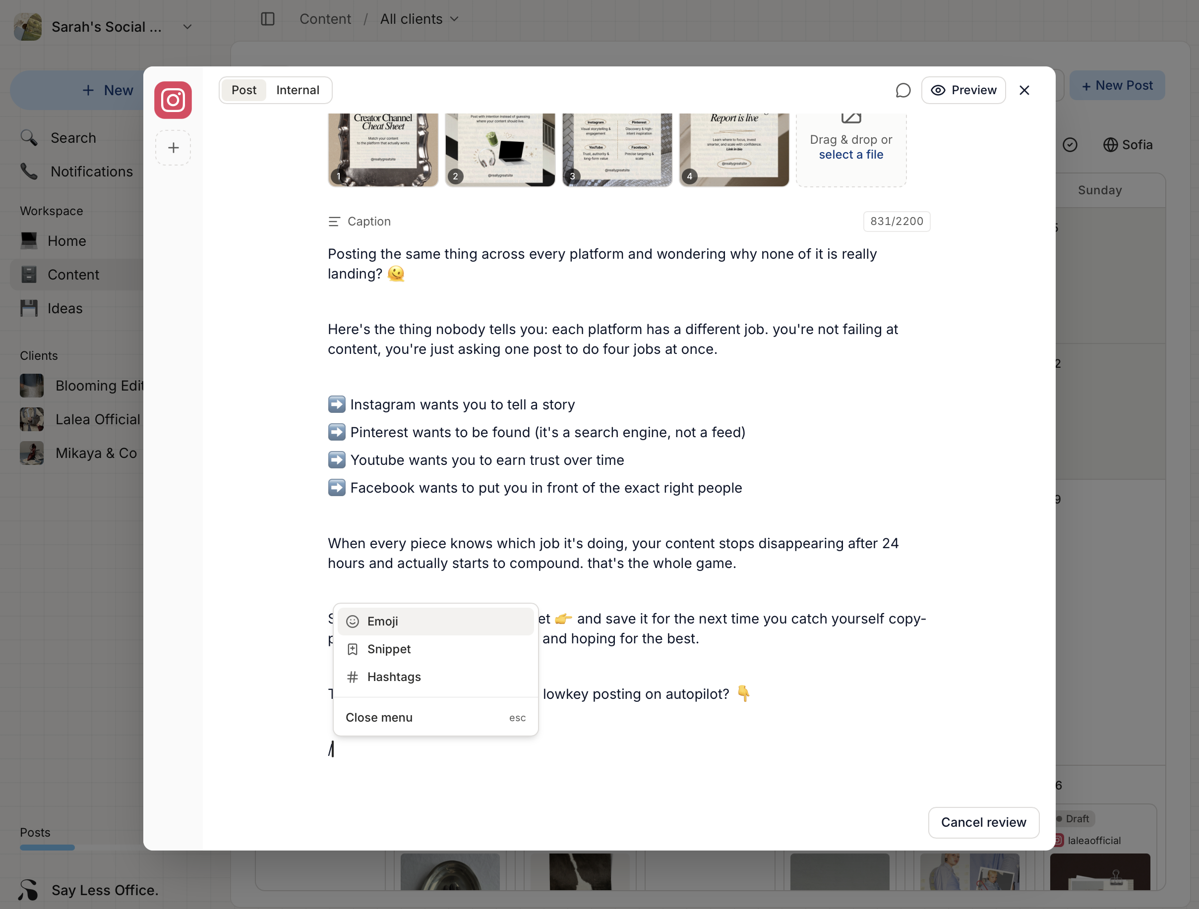 The slash command menu open inside the Caption field, showing Emoji, Snippet, and Hashtags