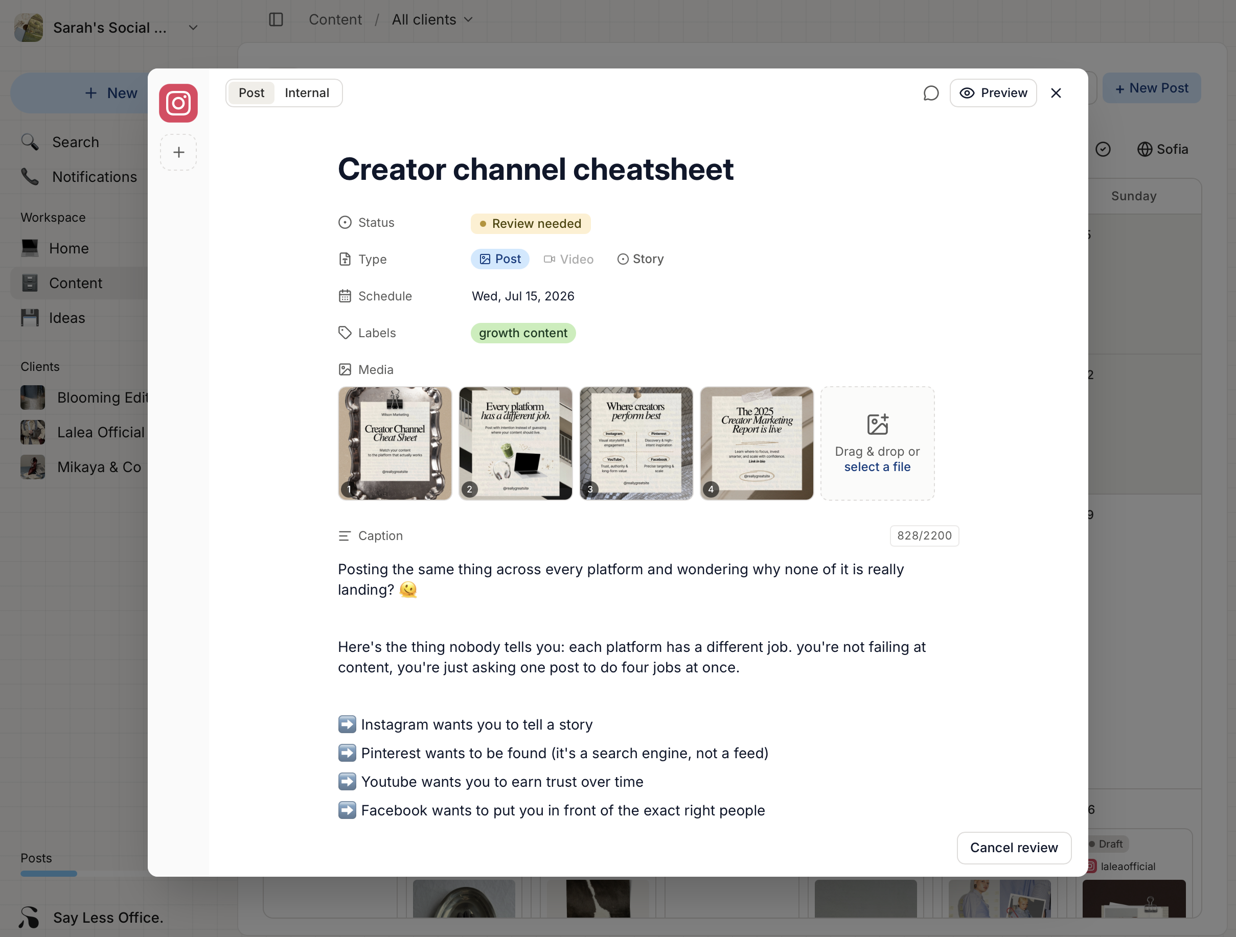 The post composer open with an empty post, showing the title, status, type, schedule, labels, media, and caption fields