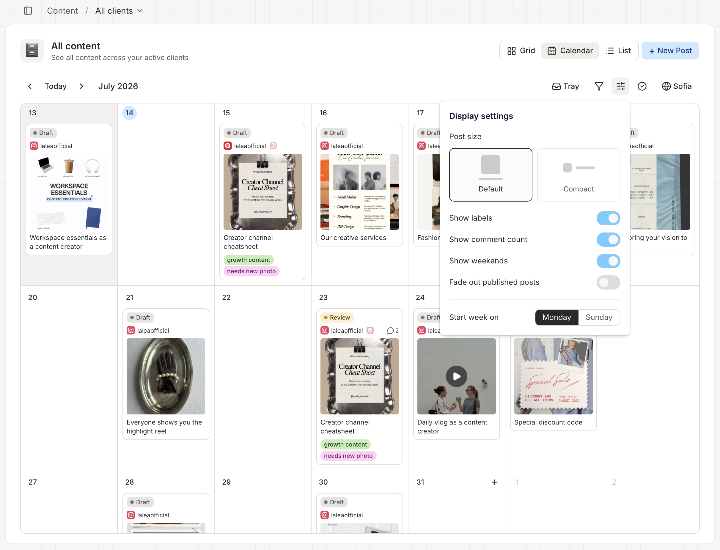 The Display settings popover open, showing Post size cards, toggles for labels/comments/weekends/fade published, and a Week start selector