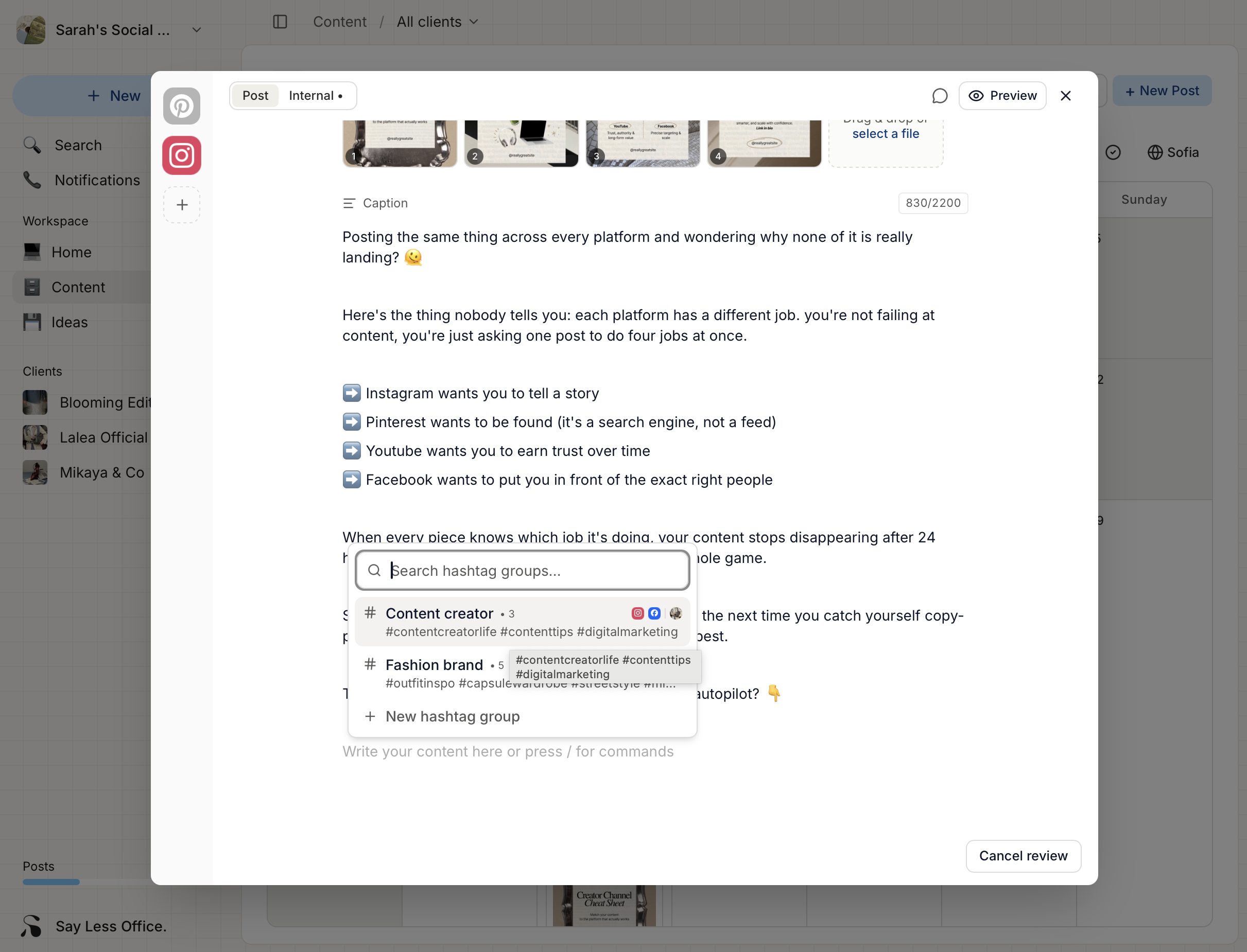 The /hashtags picker open inside the Caption field, showing saved hashtag groups with a New hashtag group button