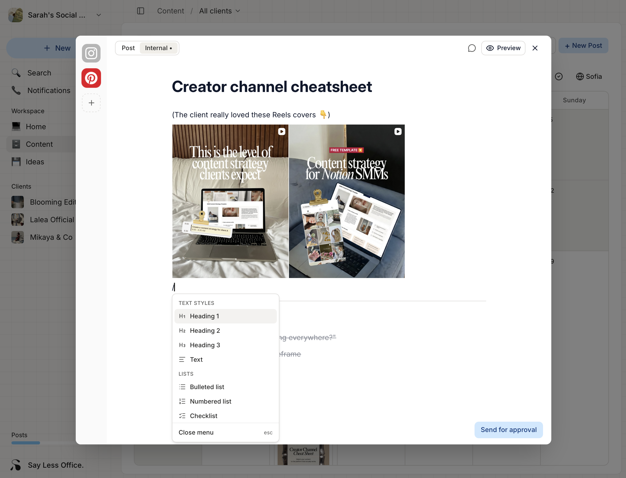 The slash command menu open inside the Internal tab, showing categories: Text Styles, Lists, Media, Library, Other