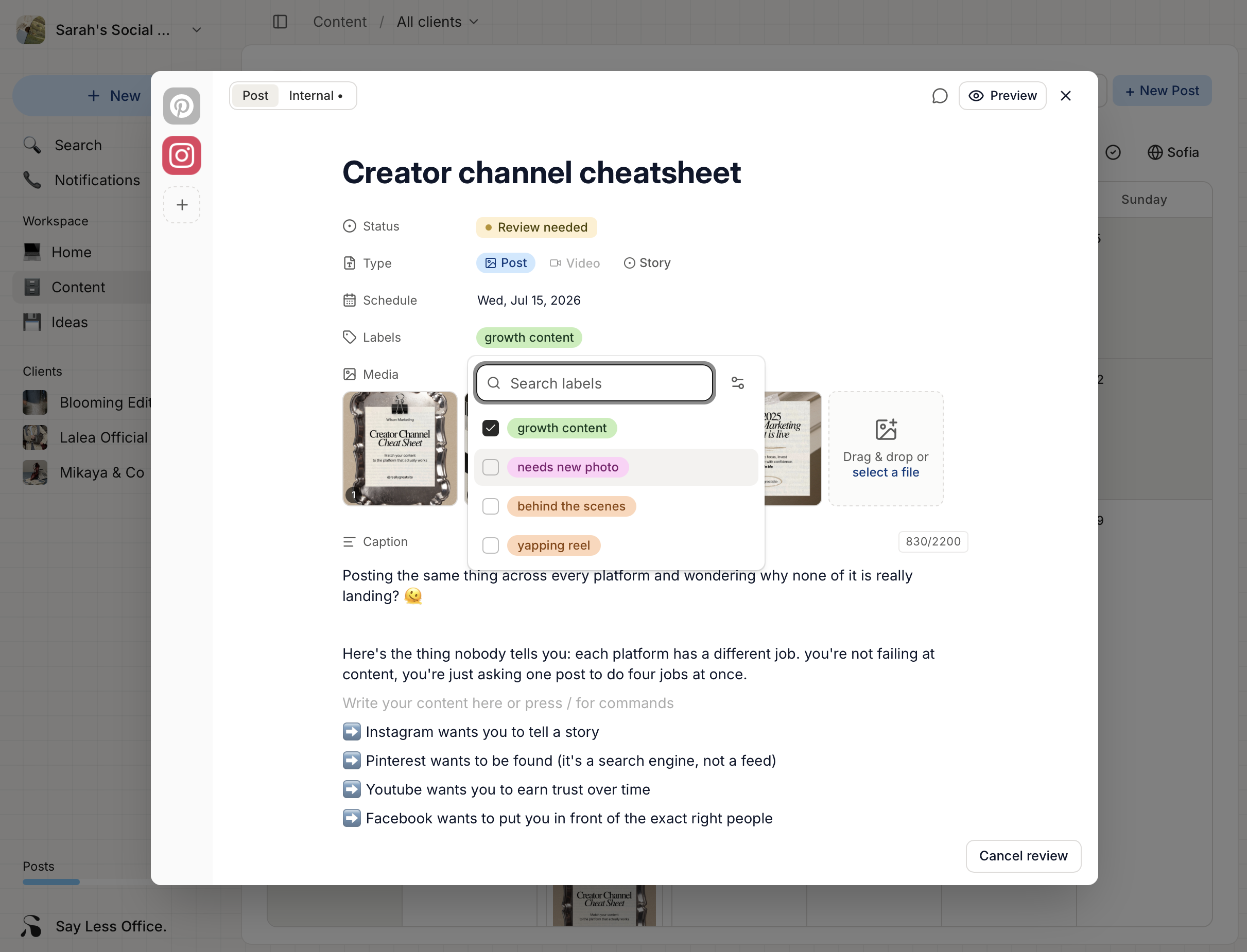 The label picker popover open next to a post, showing labels with color chips and checkboxes