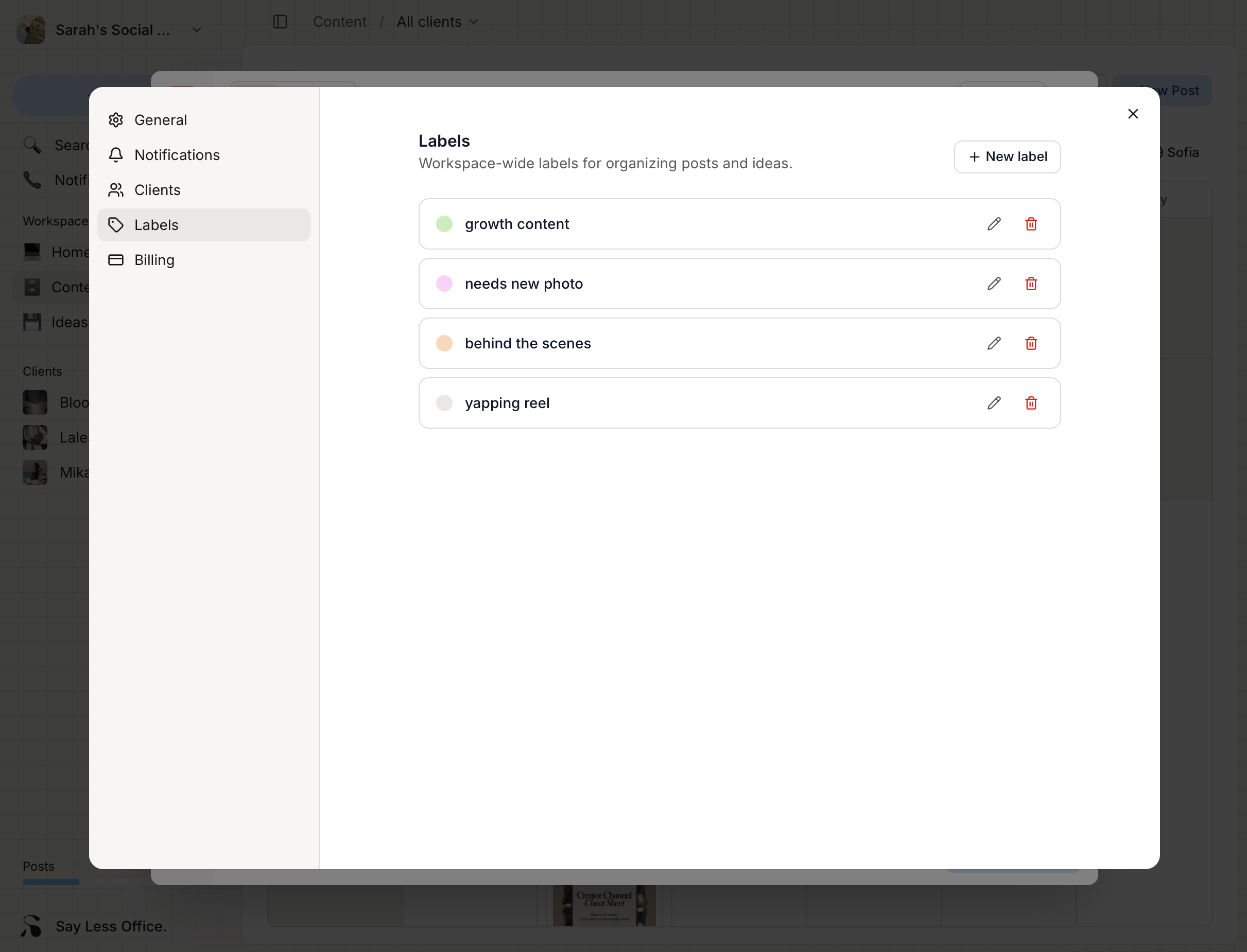 The Labels section inside Settings, showing existing labels with color chips and a New label button