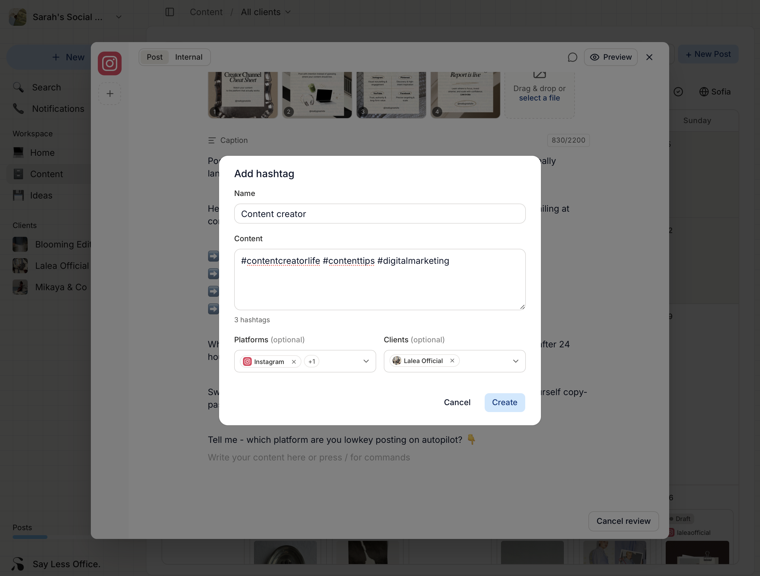 The New hashtag group modal with fields for name and hashtags, plus optional platform and client tag pickers