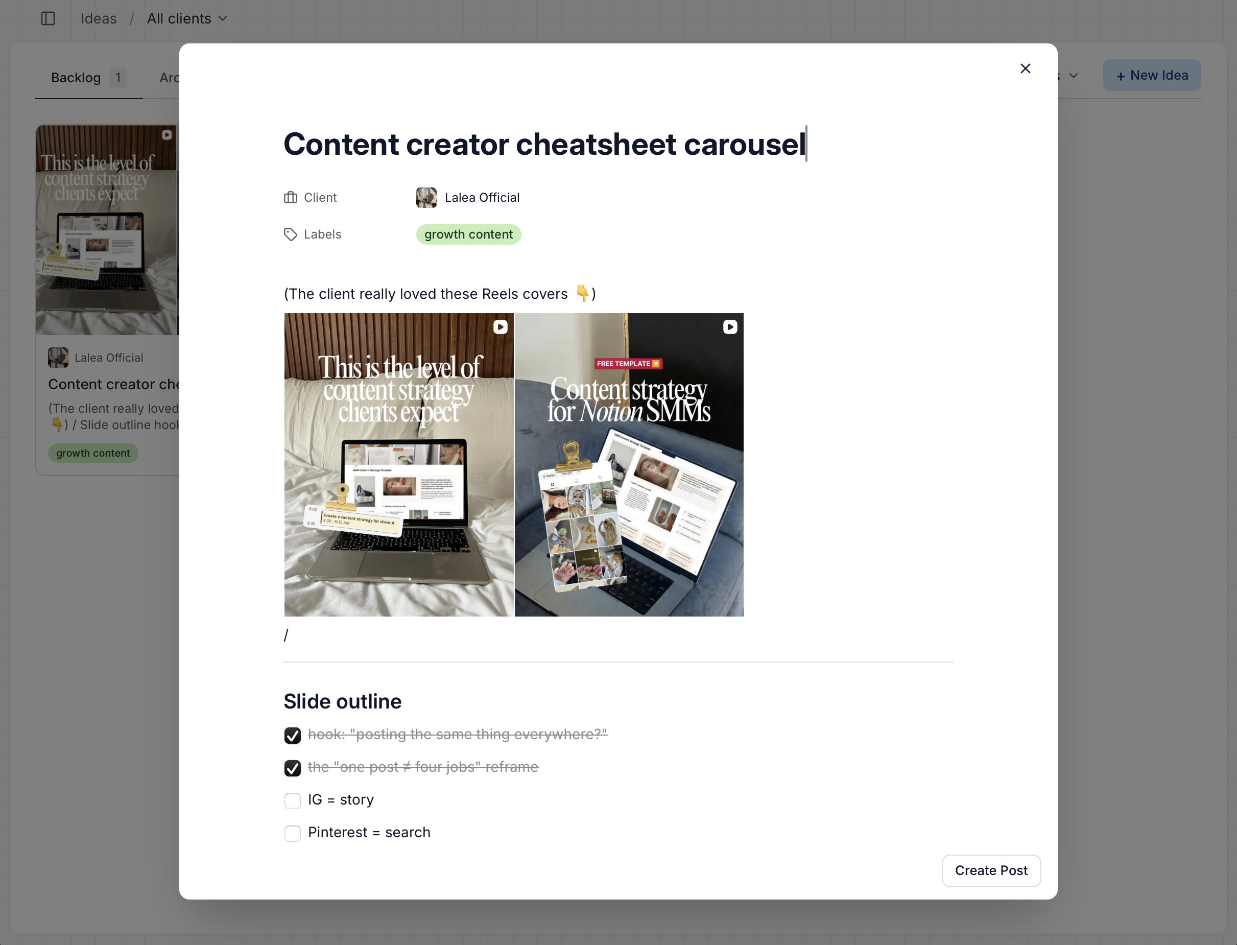 The New idea dialog with a title, client picker, and a rich-text notes area
