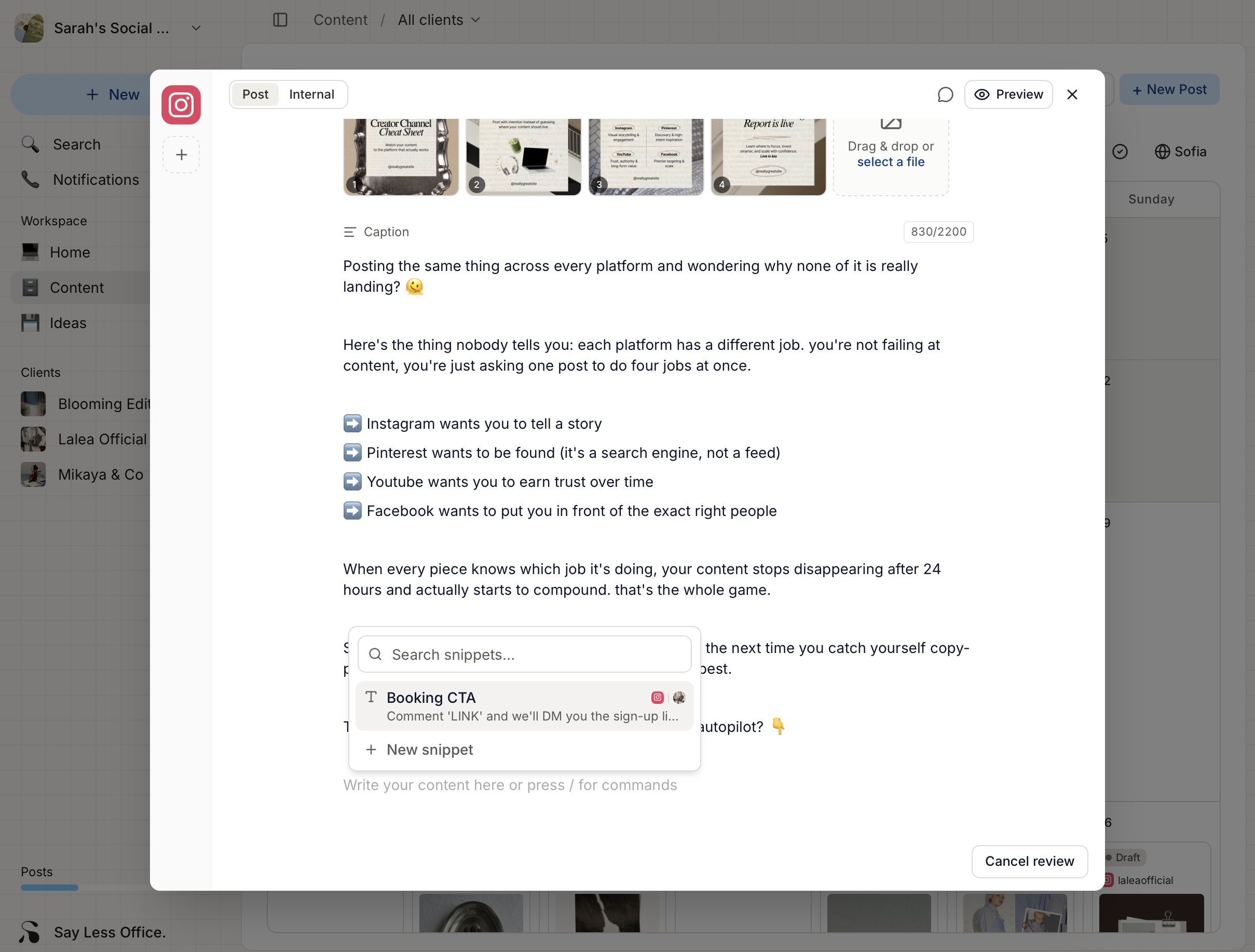 The New snippet modal with fields for name and body, plus optional platform and client tag pickers