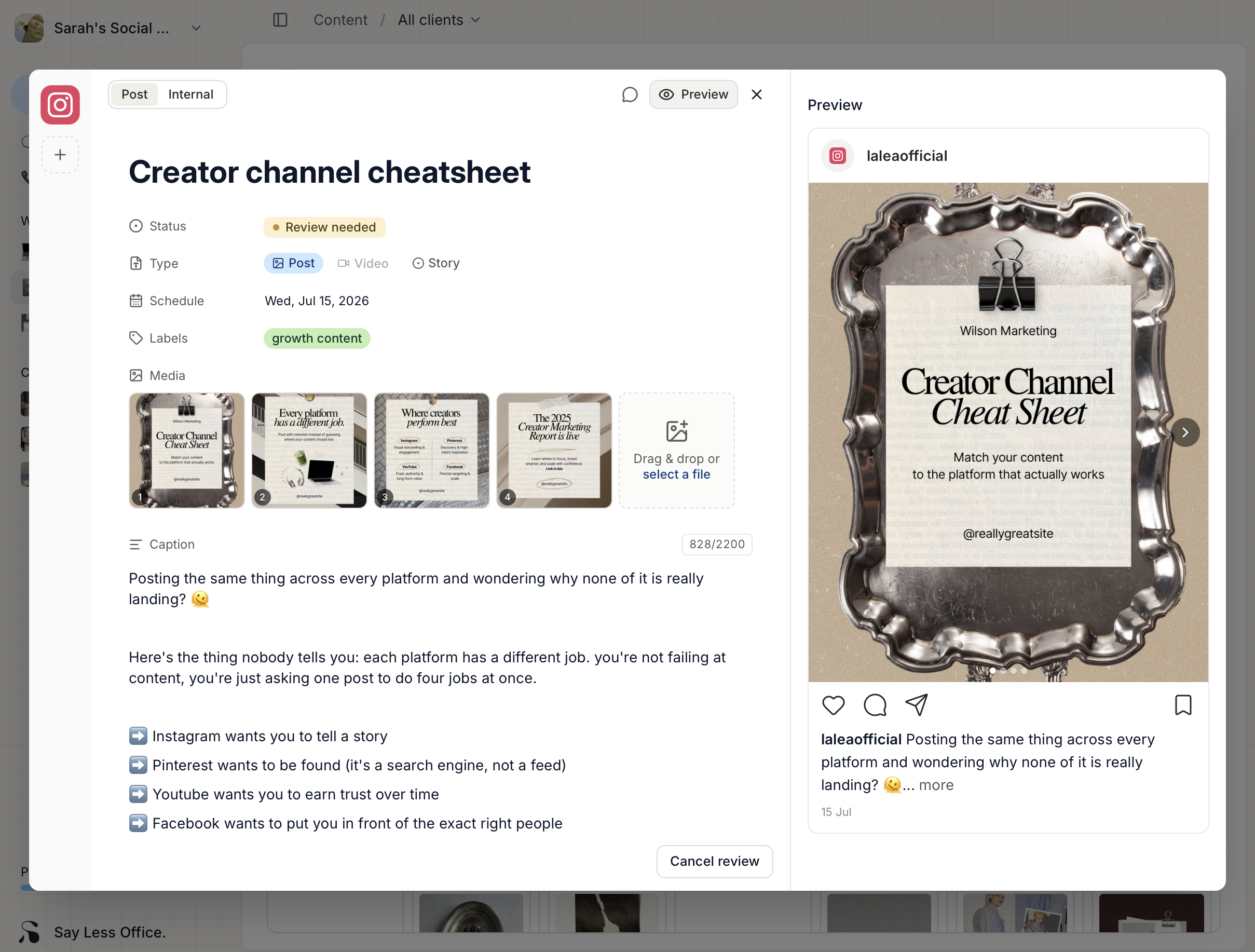 The composer with the Preview panel open on the right, showing the post rendered as it will look on Instagram