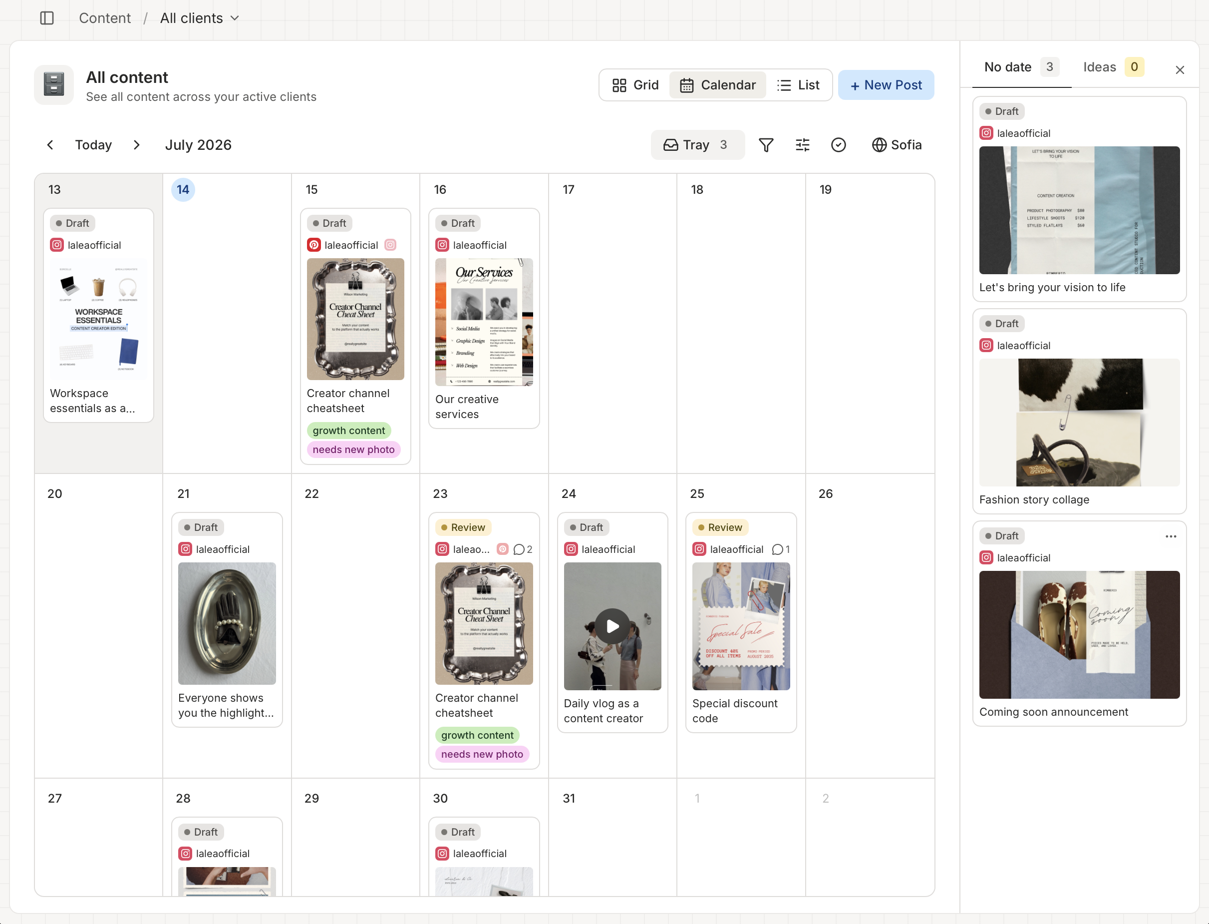 The calendar view with the Unscheduled tray open on the right, showing posts without a schedule date