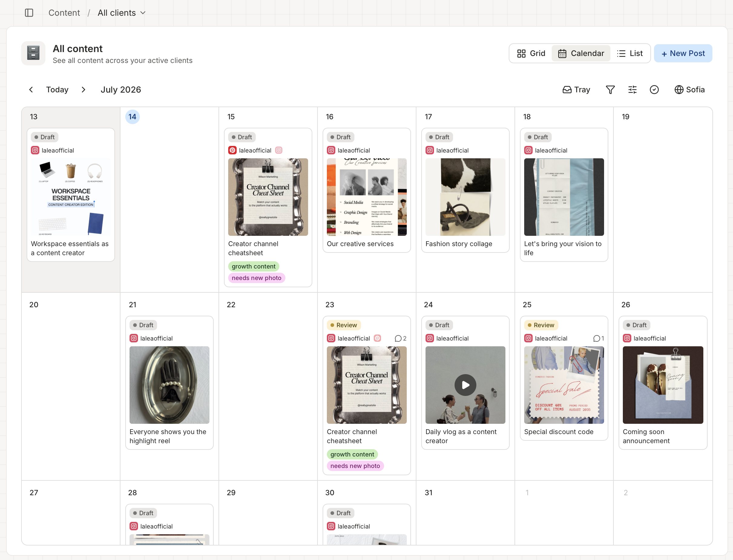 The Grid / Calendar / List view switcher in the content page header