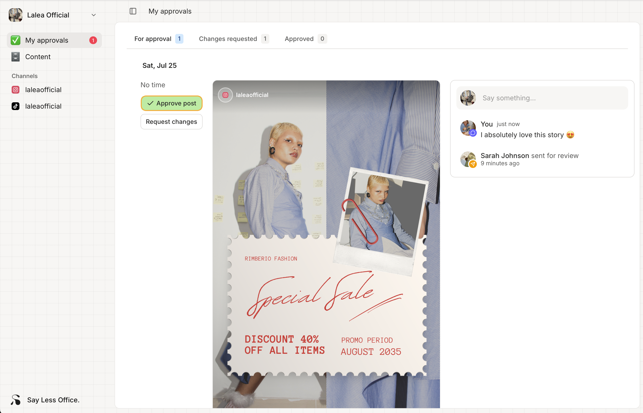 A post open in the portal with the green Approve button to the left of the post preview