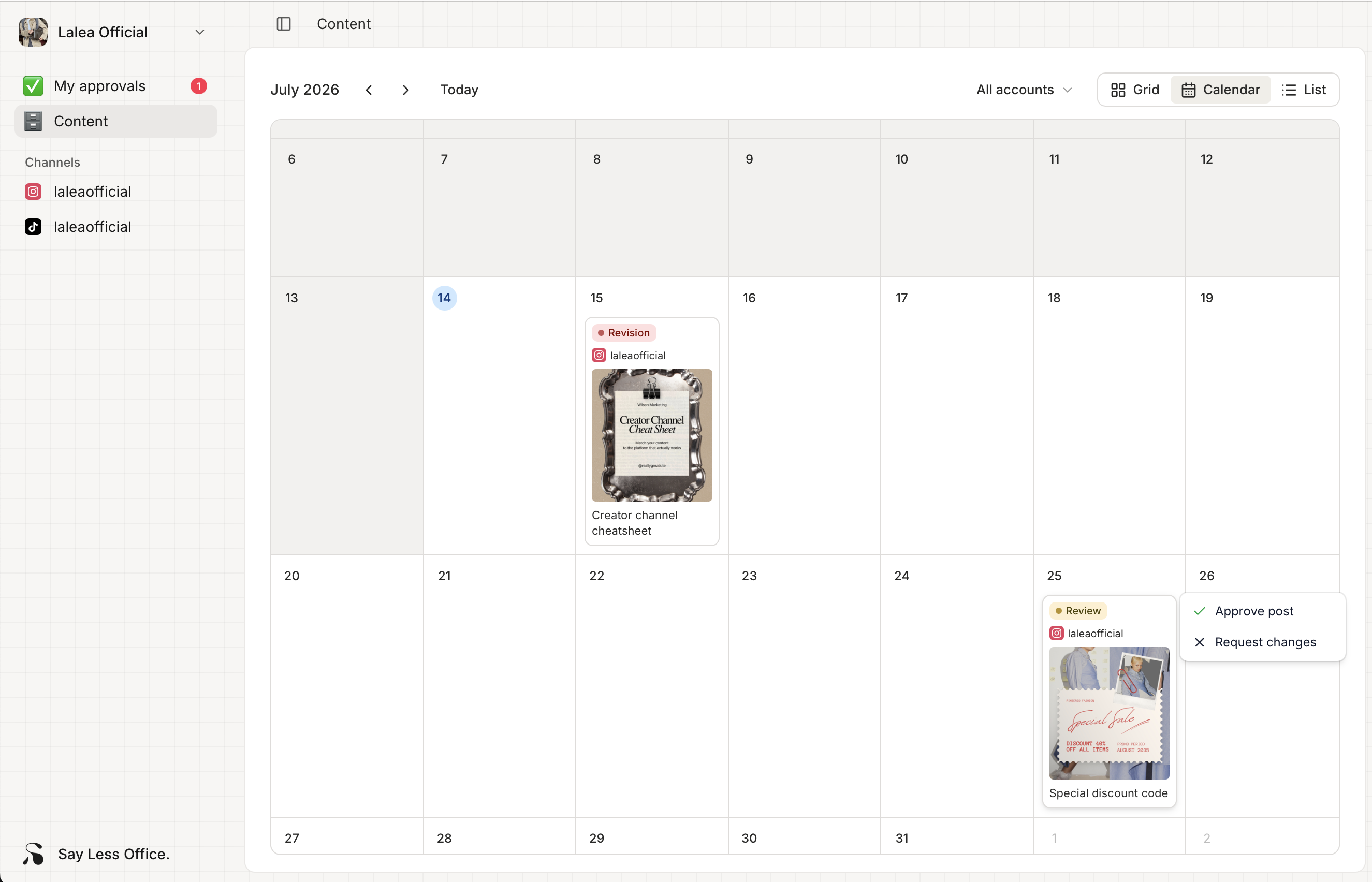 The portal Content page showing the Calendar / List / Grid toggle at the top and posts laid out in the selected view