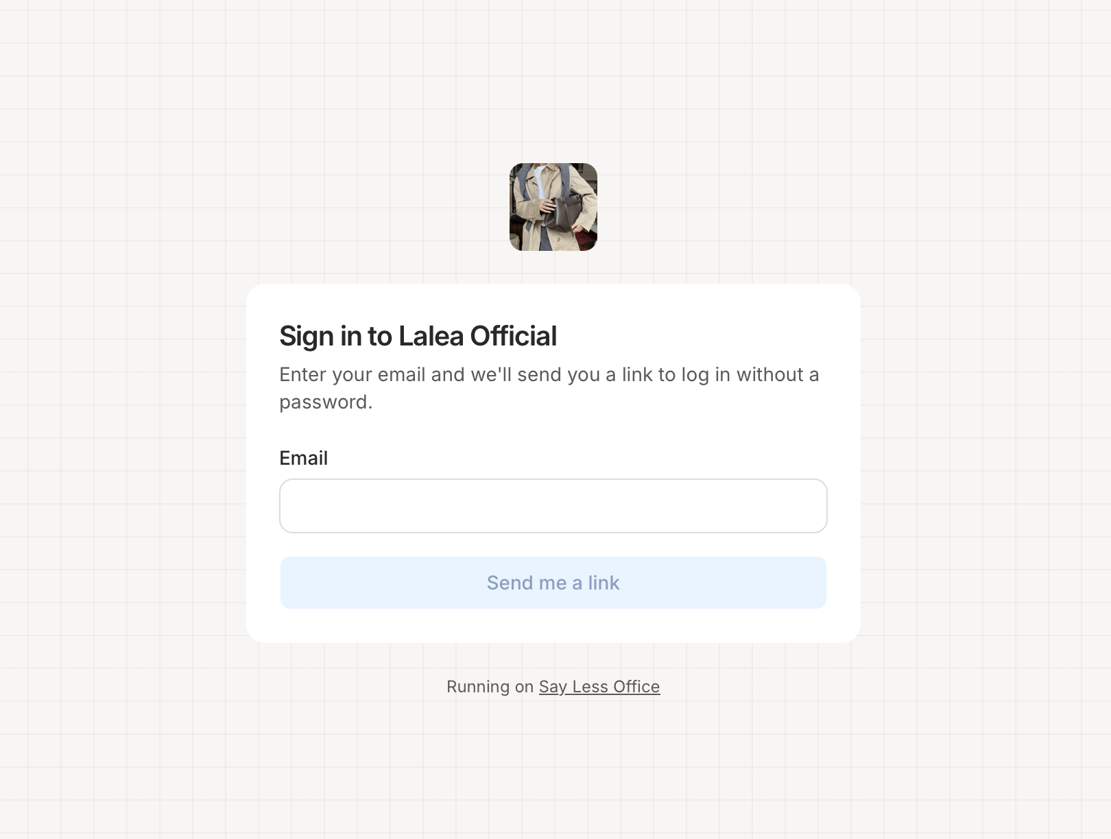 The portal sign-in screen showing the project logo, an email field, and a Send me a link button