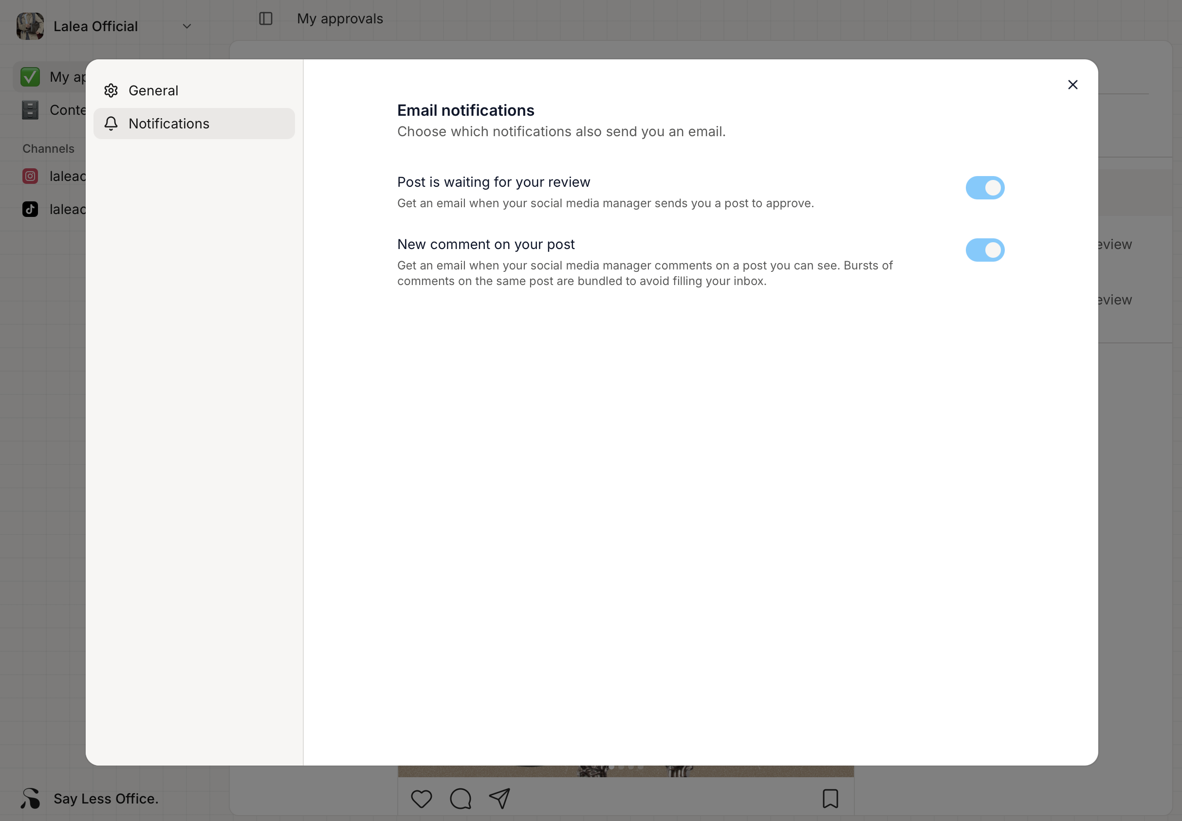The portal Settings page showing the two email toggles: 'Post is waiting for your review' and 'New comment on your post'