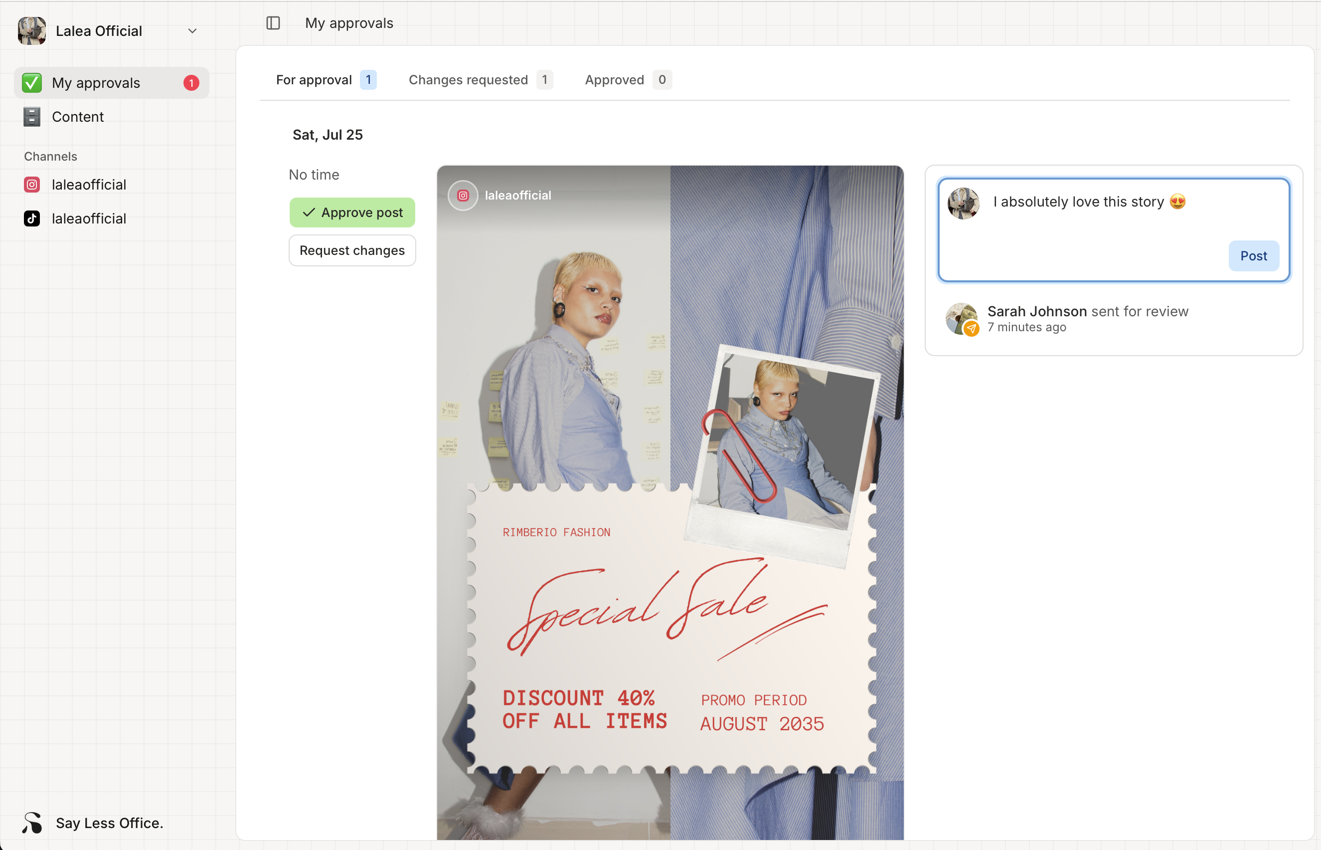 A post open in the portal preview, showing an Instagram-style rendering of the caption and media on the left with the Conversation panel on the right