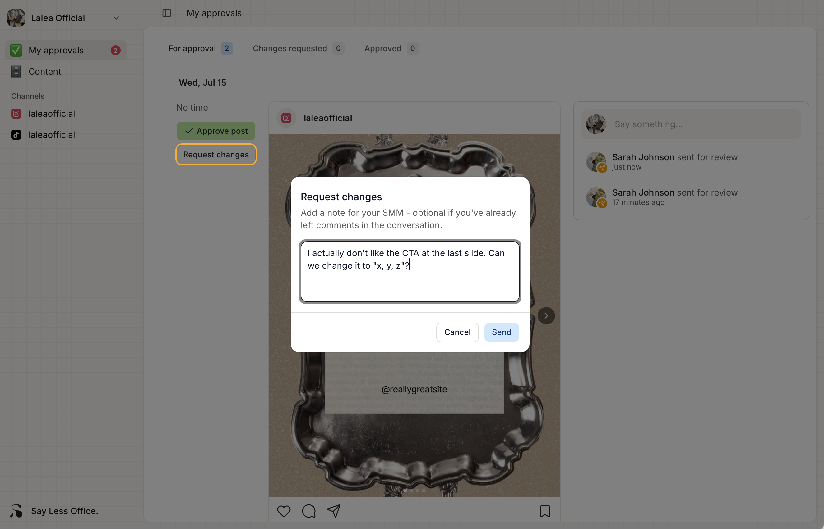 The Request changes prompt with a 'What needs changing?' textarea and a Send button