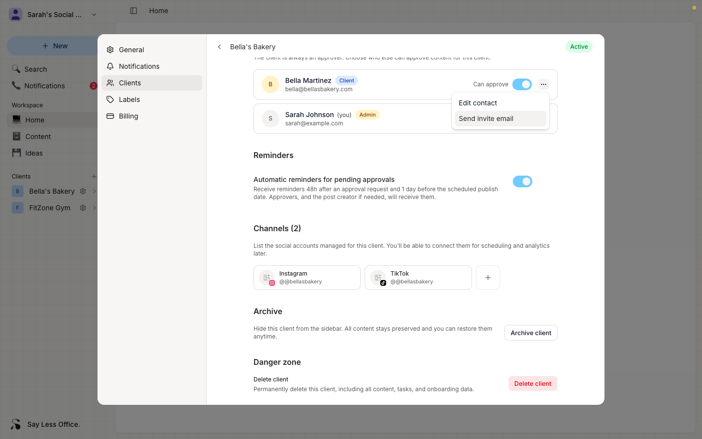 The Members section with the kebab menu open on the client row showing 'Edit contact' and 'Send invite email' options