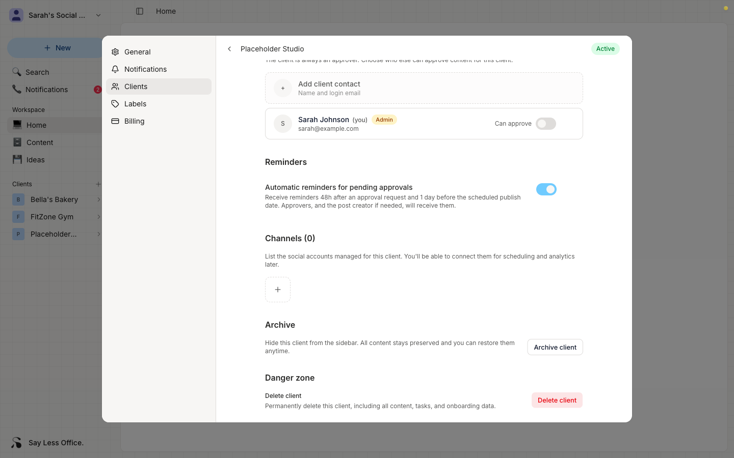 The Members section showing an 'Add client contact' dashed placeholder tile where the client row would normally be