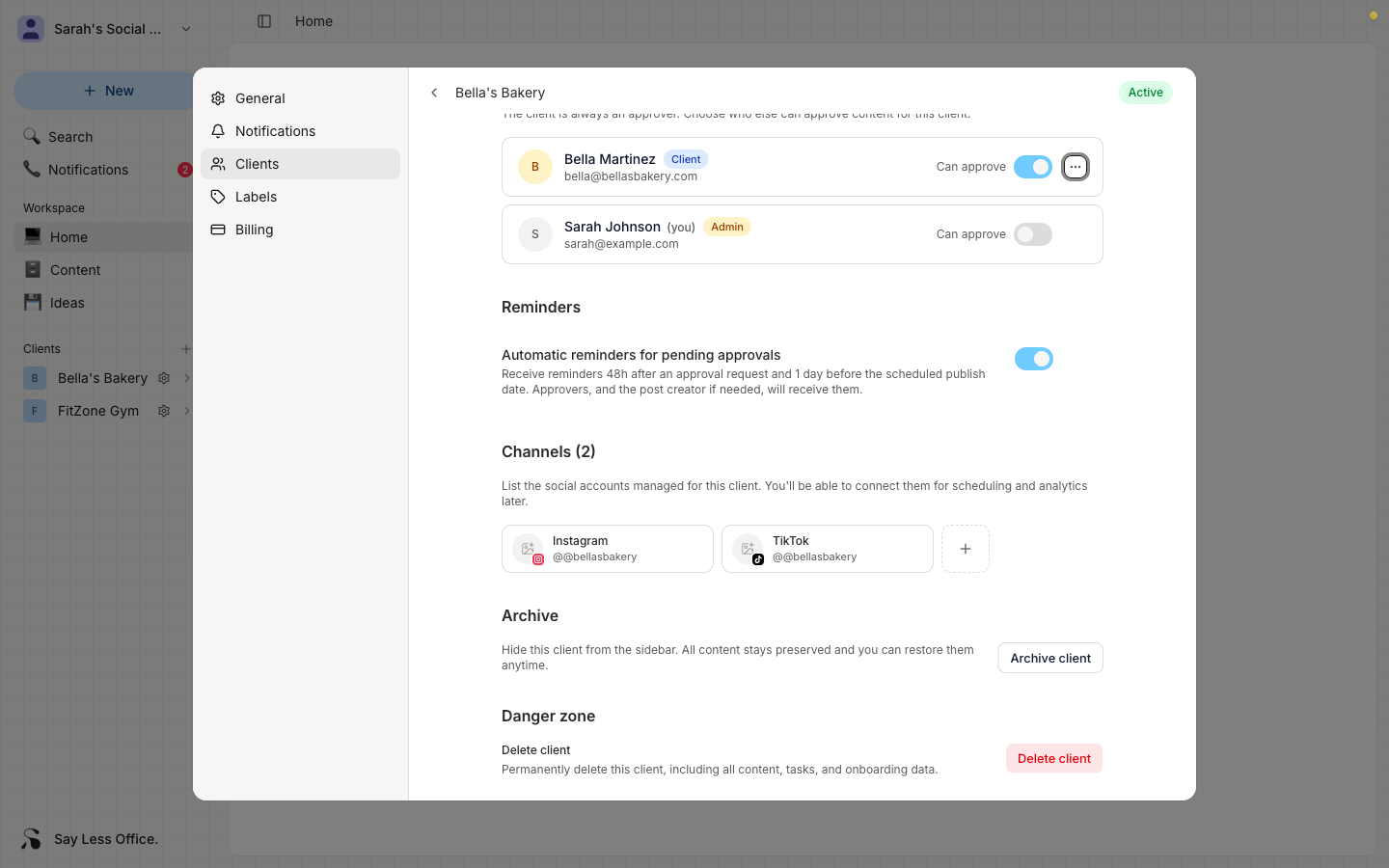 The Members section inside client settings showing the client row tagged 'Client' with a locked-on 'Can approve' toggle