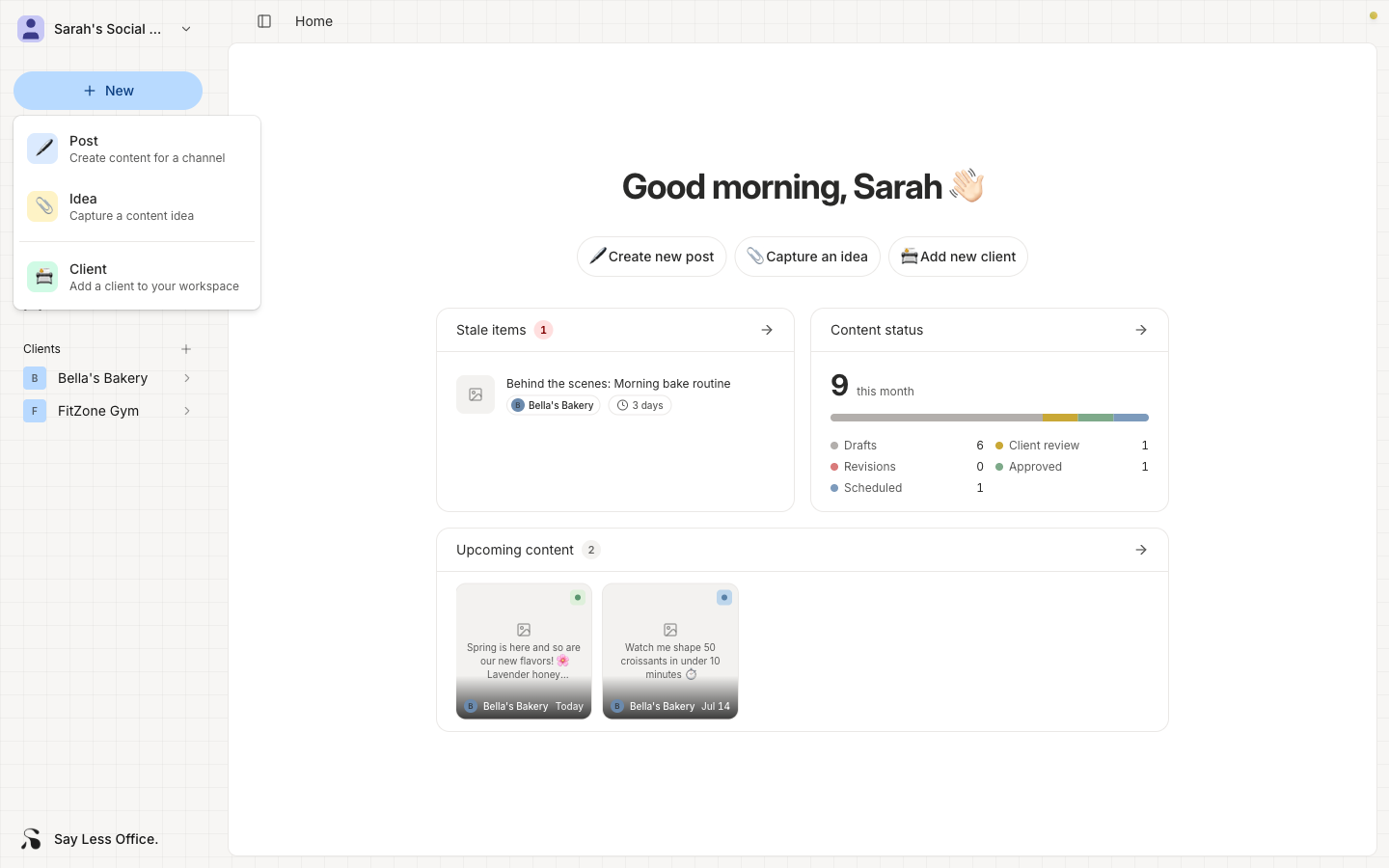The New button in the sidebar with its dropdown open, showing Post, Idea, and Client options