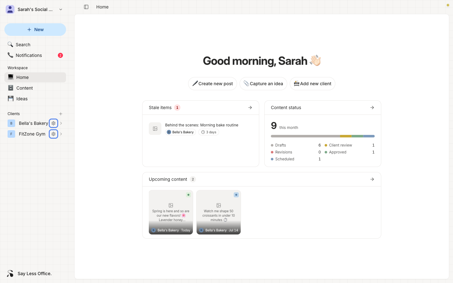The workspace sidebar with client rows for Bella's Bakery and FitZone Gym, each showing a gear icon on the right