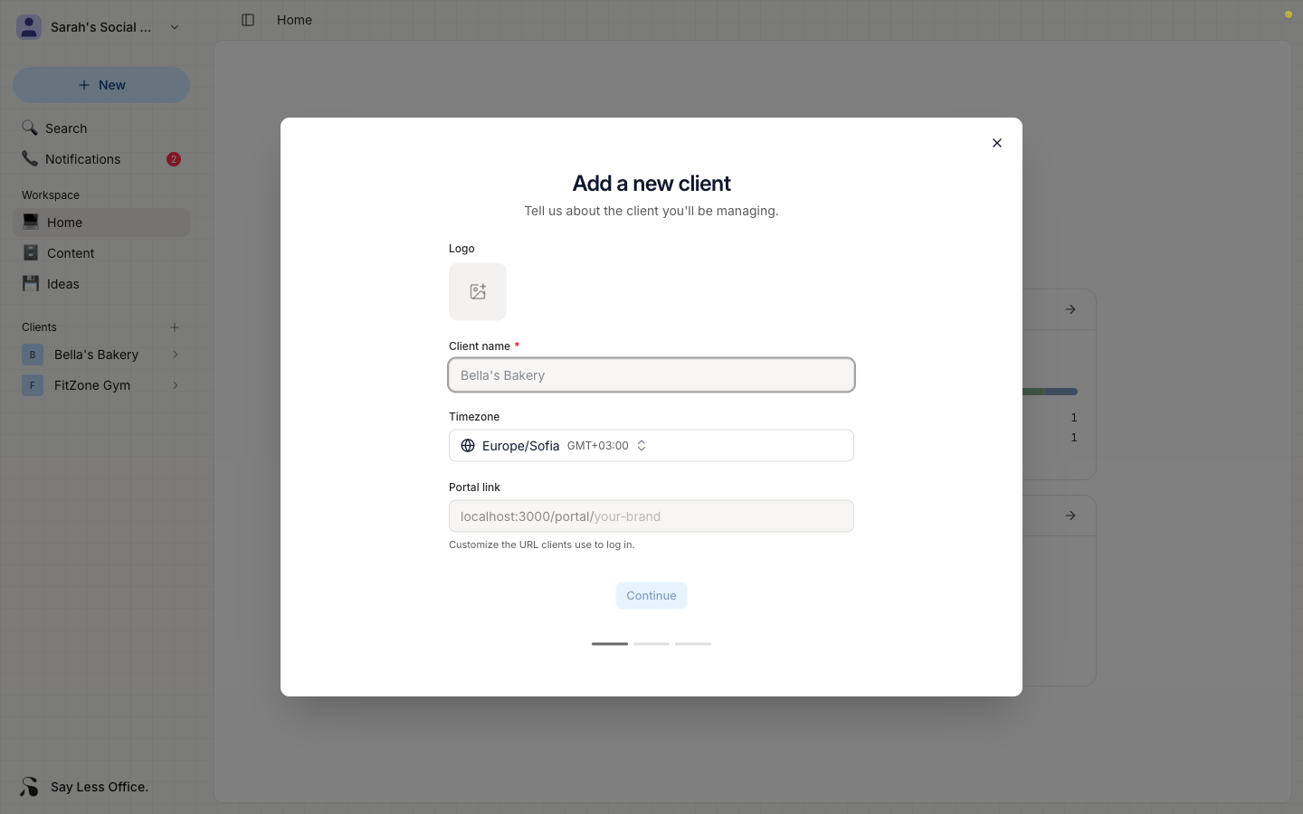 Step 1 of the New client dialog with fields for logo, client name, timezone, and portal link