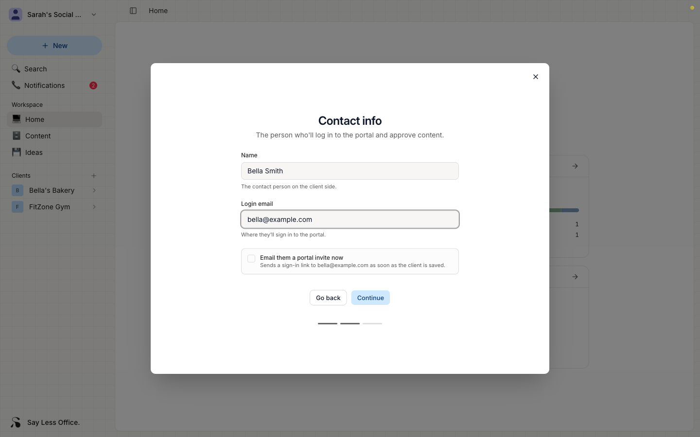 Step 2 of the New client dialog with contact name, login email, and the 'Email them a portal invite now' checkbox visible