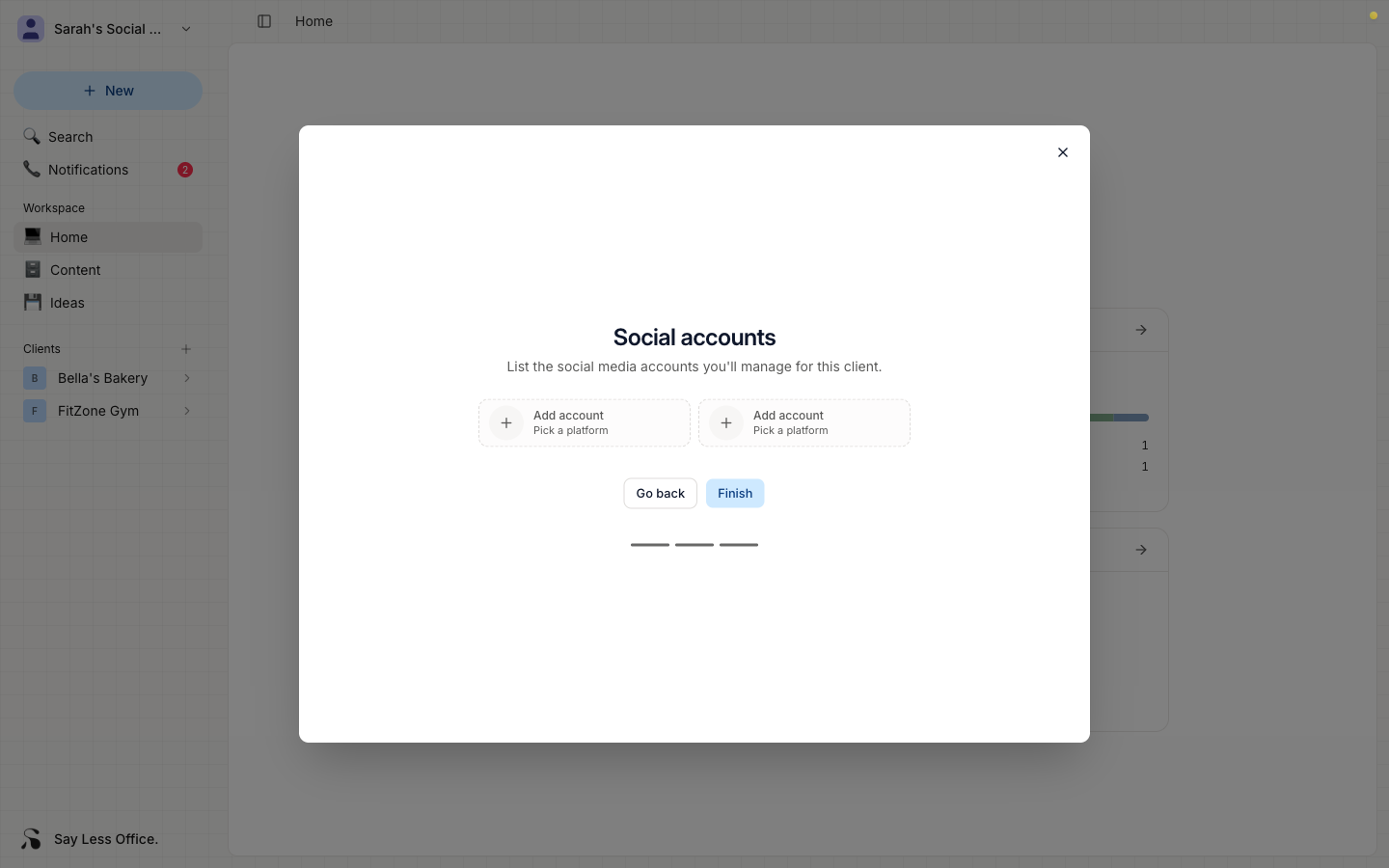 Step 3 of the New client dialog showing empty account placeholder slots and the add account form