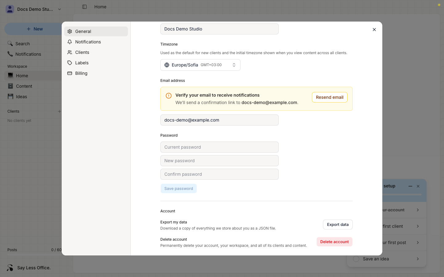 The General settings section with the amber 'Verify your email to receive notifications' banner above the email field, showing a Resend email button on the right