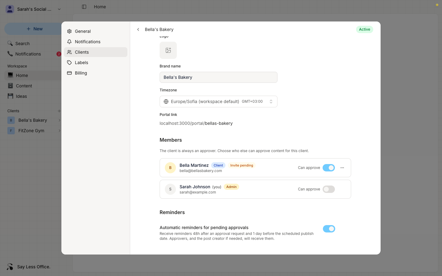 The Client info section of a client's settings, showing logo, brand name, timezone, and read-only portal link fields