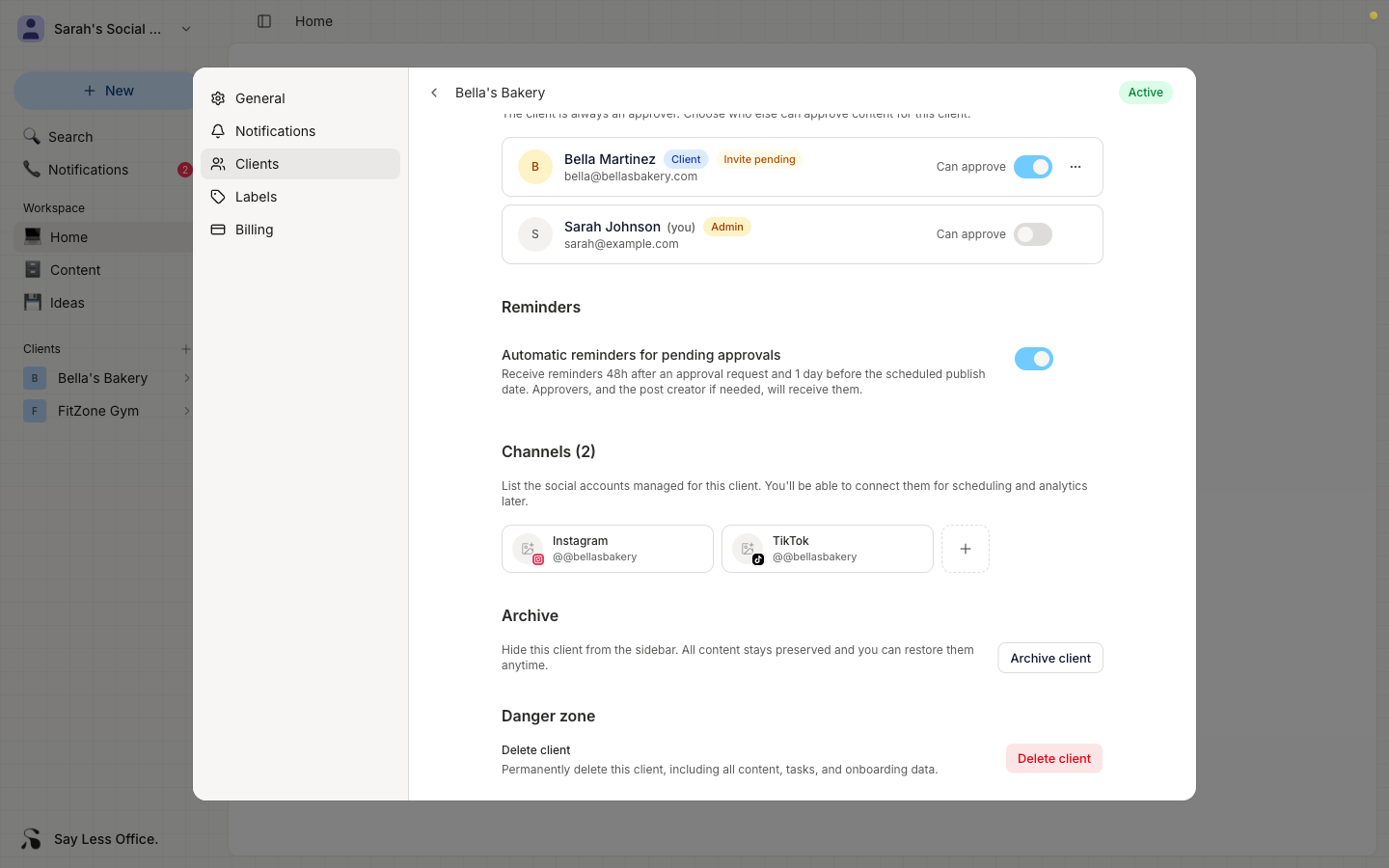 The Reminders section in a client's settings, showing a single 'Automatic reminders for pending approvals' toggle