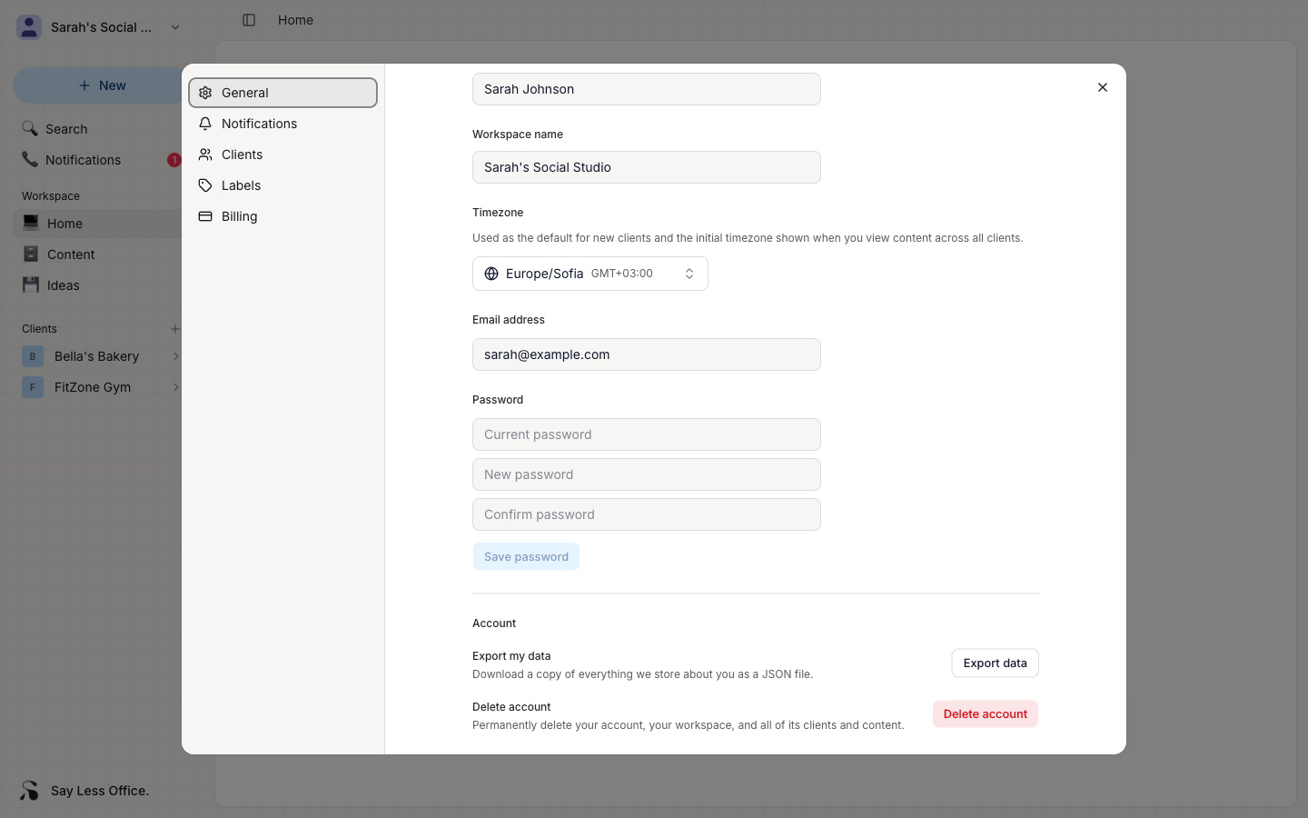 The Account block at the bottom of General settings, showing the Export data button