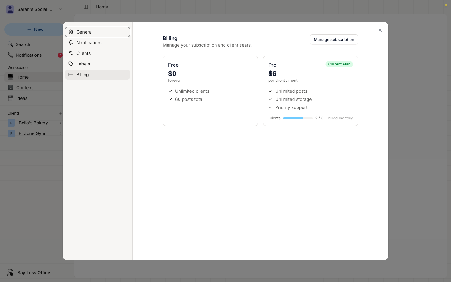The Billing section in Settings showing two plan cards side-by-side: Free (Current Plan) with a posts usage bar, and Pro with a monthly/yearly interval toggle and a client seats stepper
