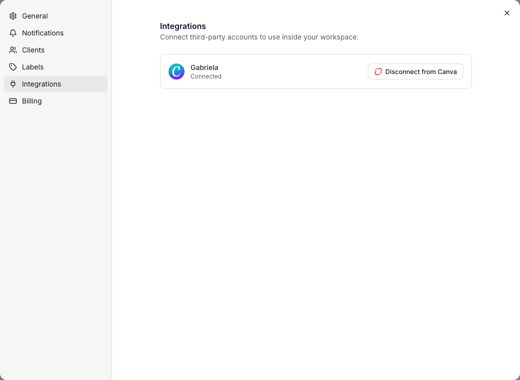 Settings Integrations showing the Canva account connected, with the account name, a Connected label, and a Disconnect from Canva button