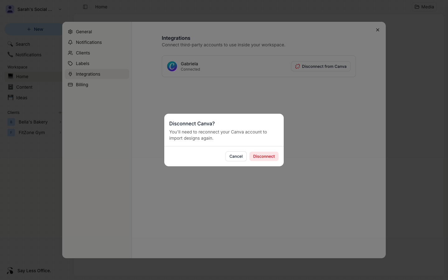 The disconnect confirmation dialog over the Integrations settings, asking you to confirm disconnecting your Canva account