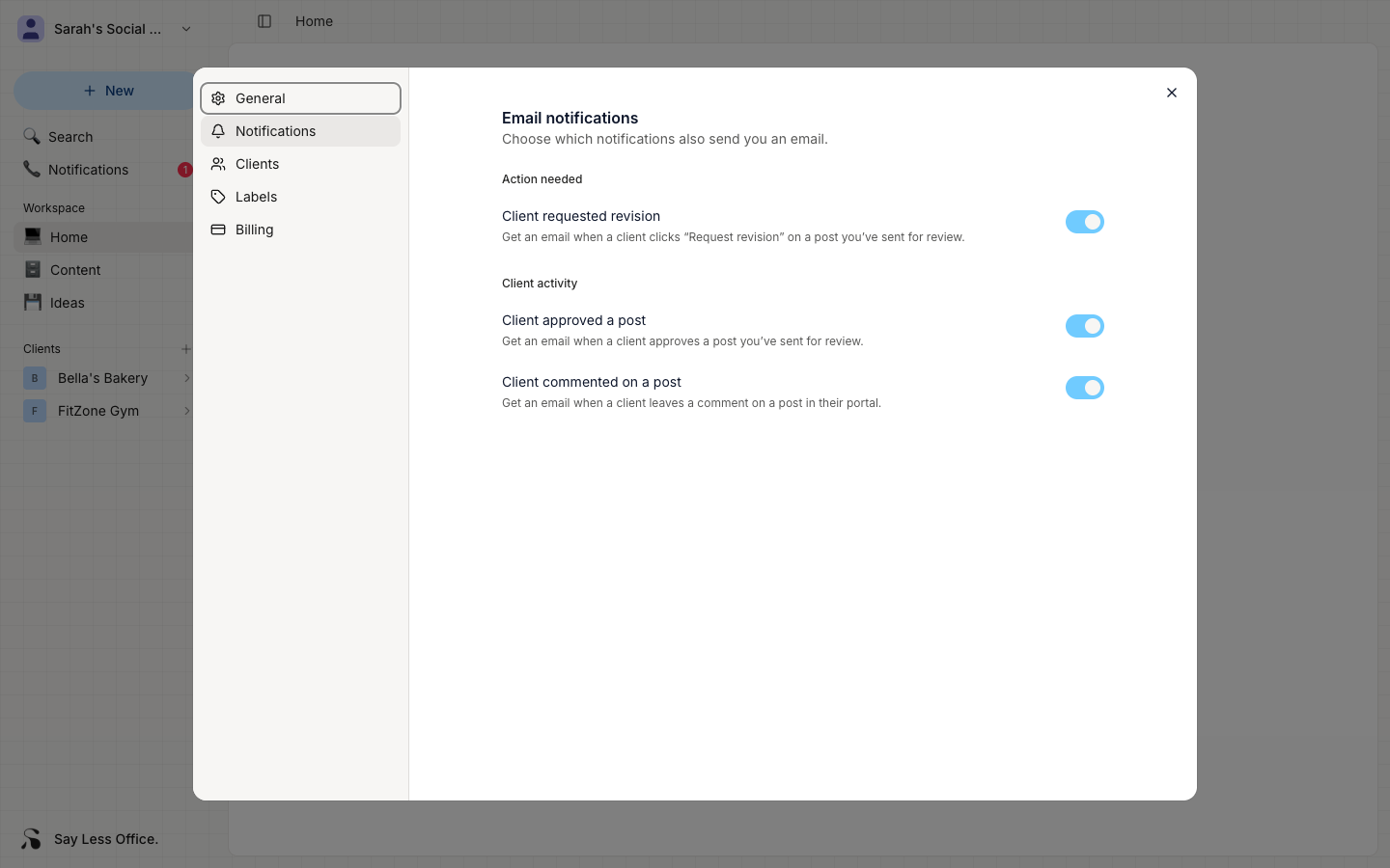 The Notifications section of Settings, showing toggles for 'Client requested revision', 'Client approved a post', and 'Client commented on a post'