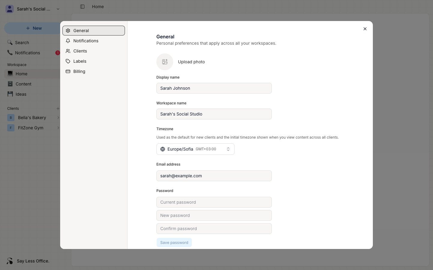 The Password section in General settings, showing three fields for current password, new password, and confirm password, plus a Save password button
