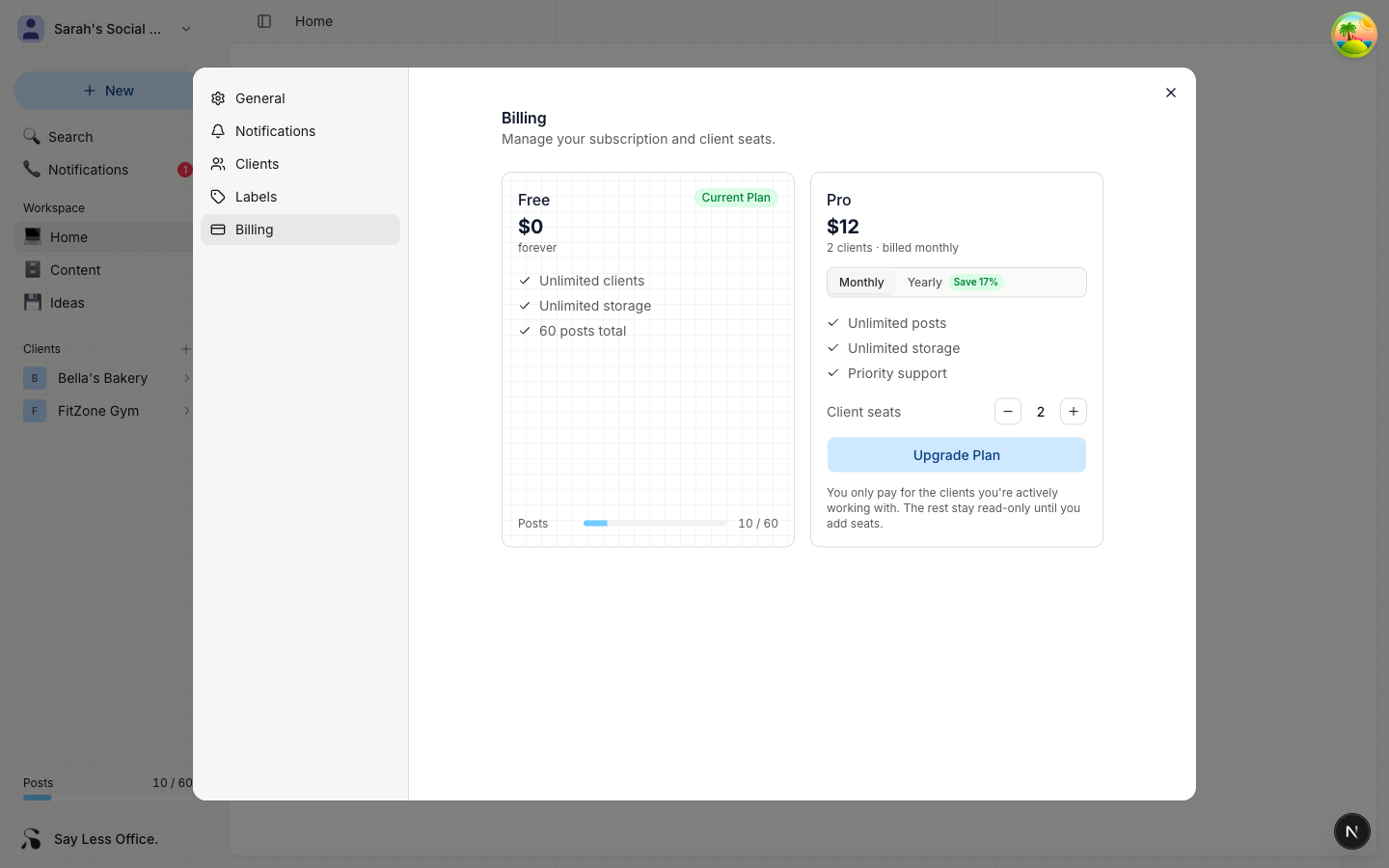 The Billing section showing the Free plan card on the left (Current Plan) and the Pro card on the right with a total price for the current seat count, Monthly/Yearly toggle, feature list, Client seats stepper, and Upgrade Plan button